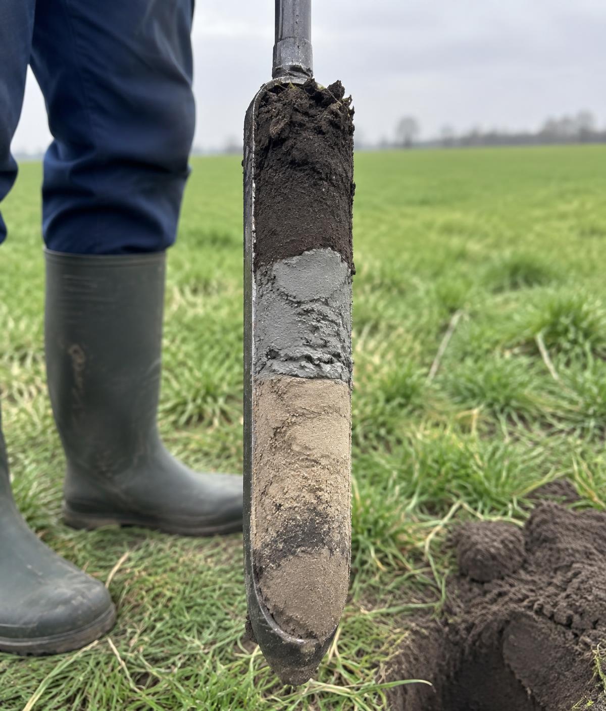 Grondboor met bodemprofiel van teelaarde, klei en zand